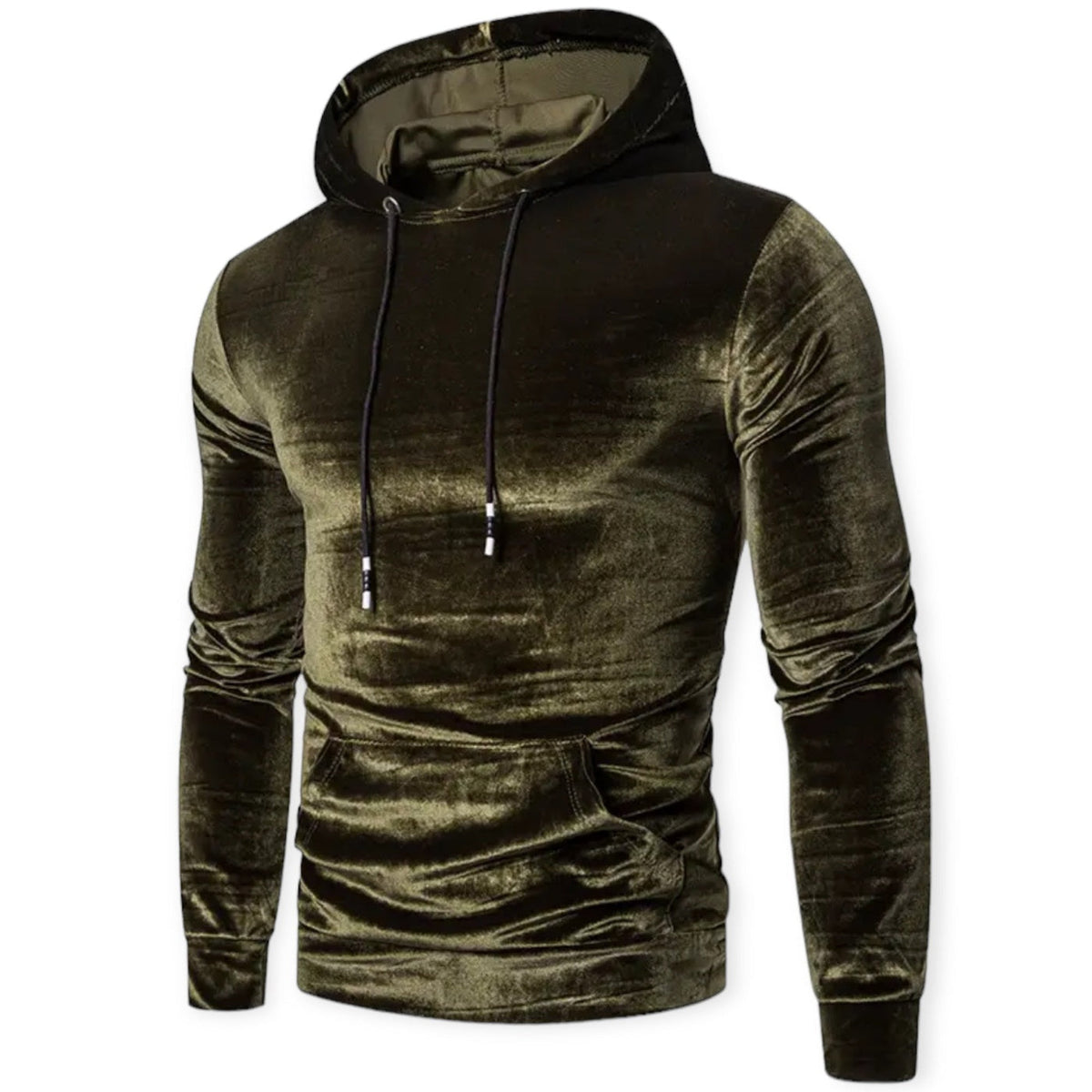Men's velvet hoodie in olive green, front view