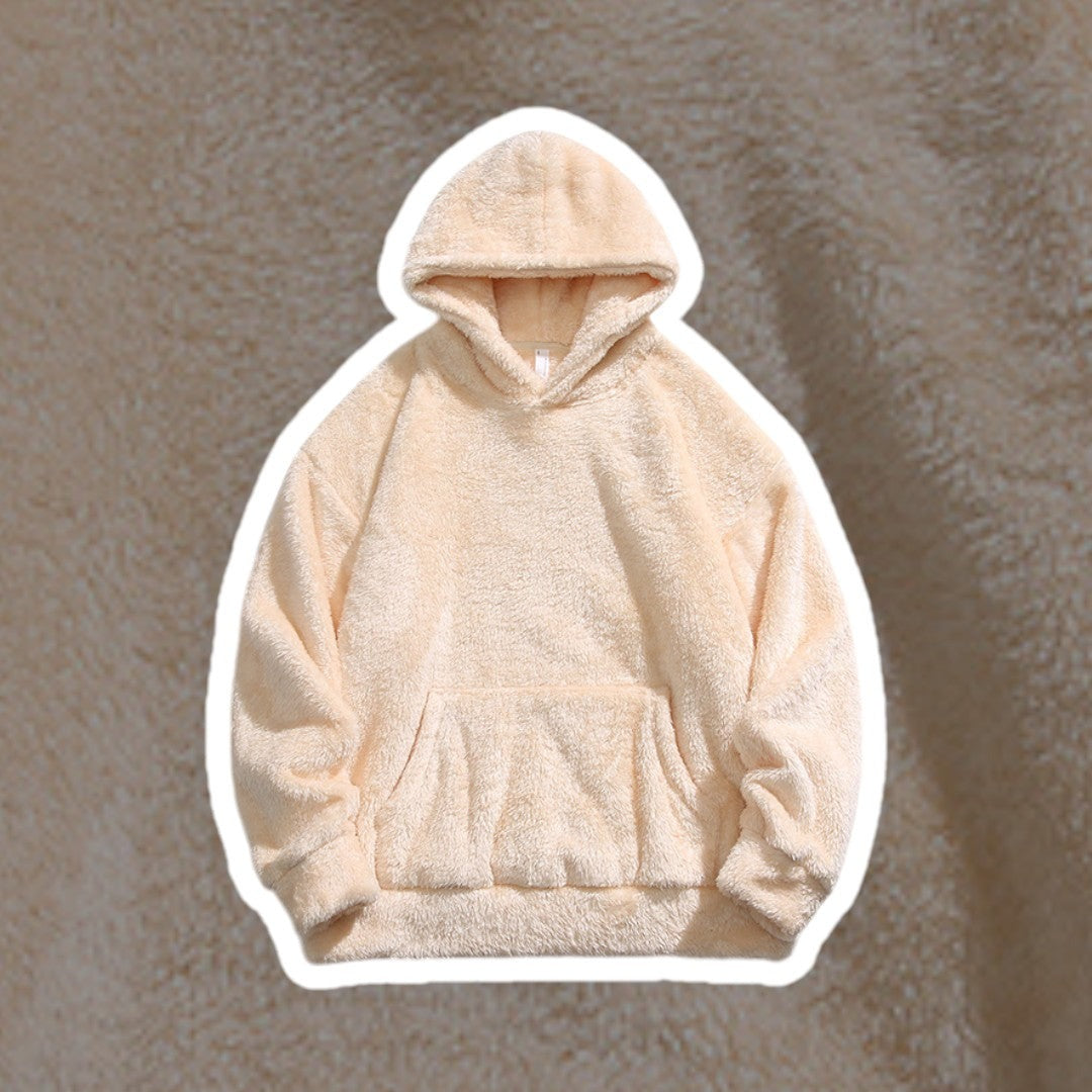 Men's fluffy borg hoodie in beige, front view