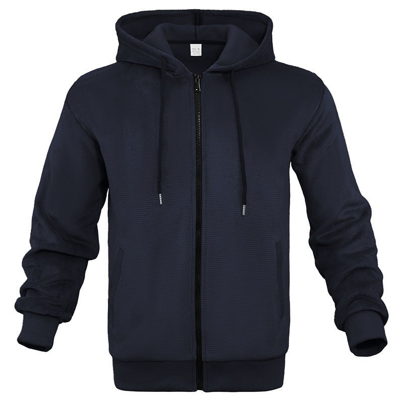 Men's waffle zip hoodie in navy, front view