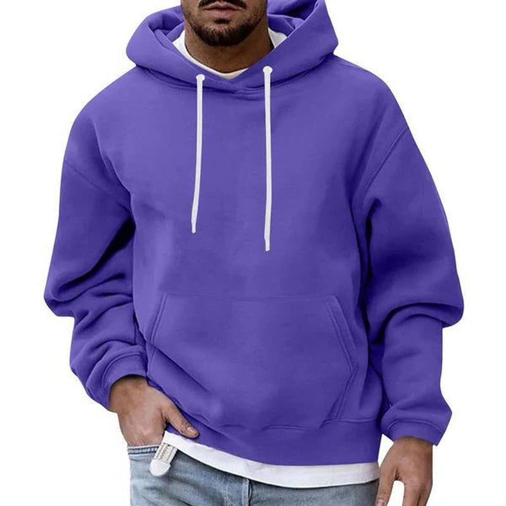 Men's oversized hoodie in purple, worn, front view