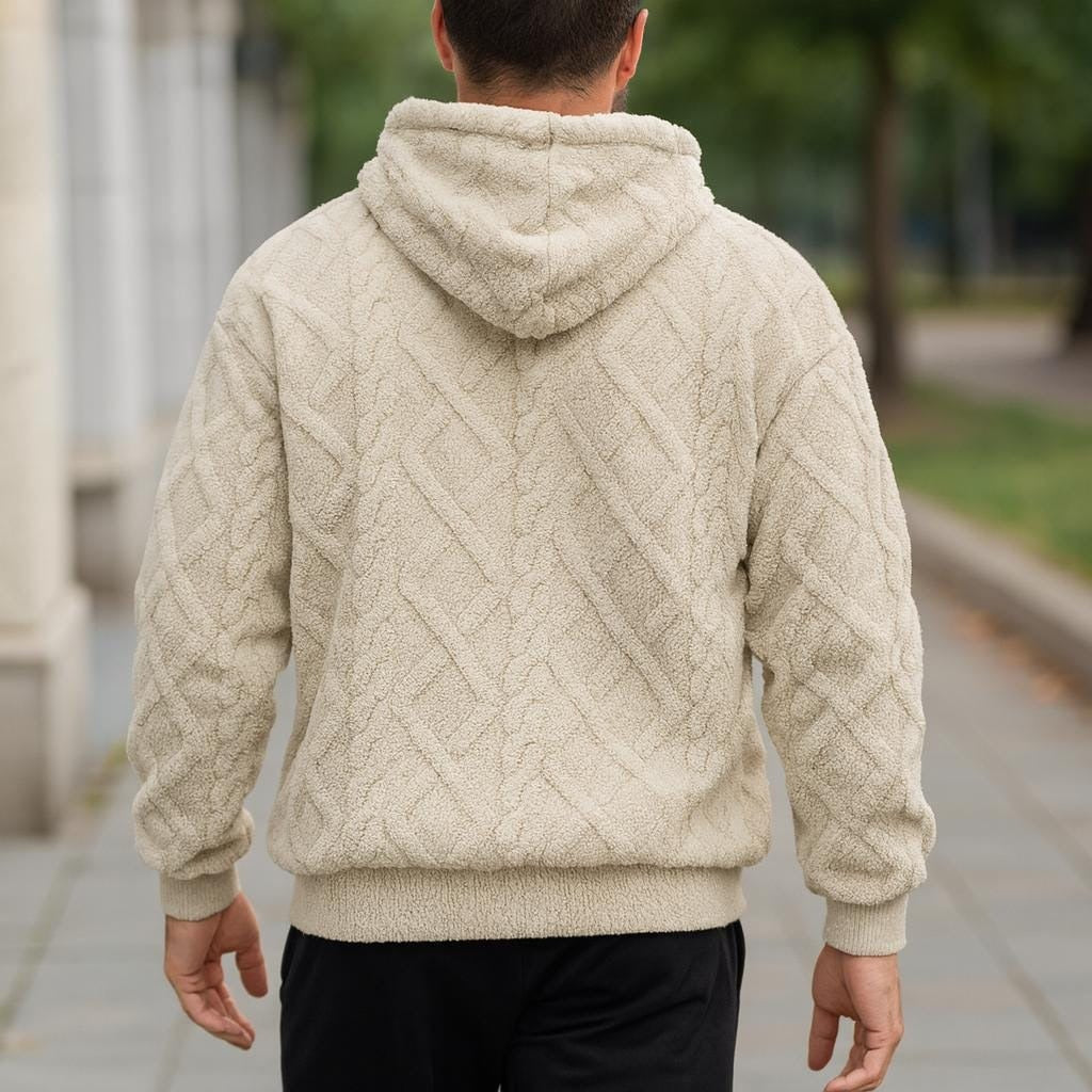 Men's quilted teddy fleece hoodie in beige, worn, back view