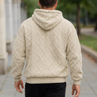 Men's quilted teddy fleece hoodie in beige, worn, back view