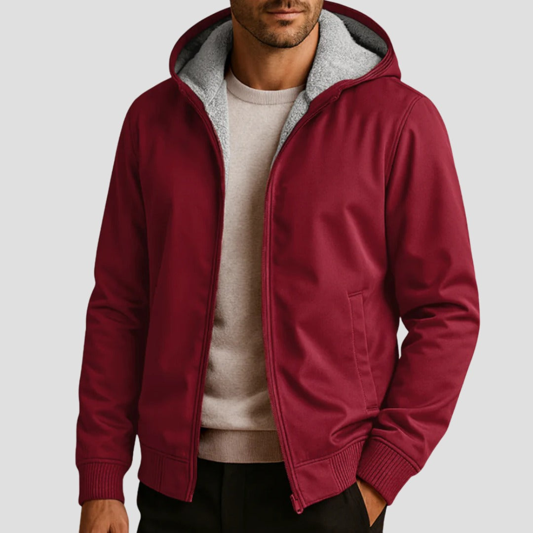 Men's sherpa-lined zip hoodie in burgundy, worn, front view