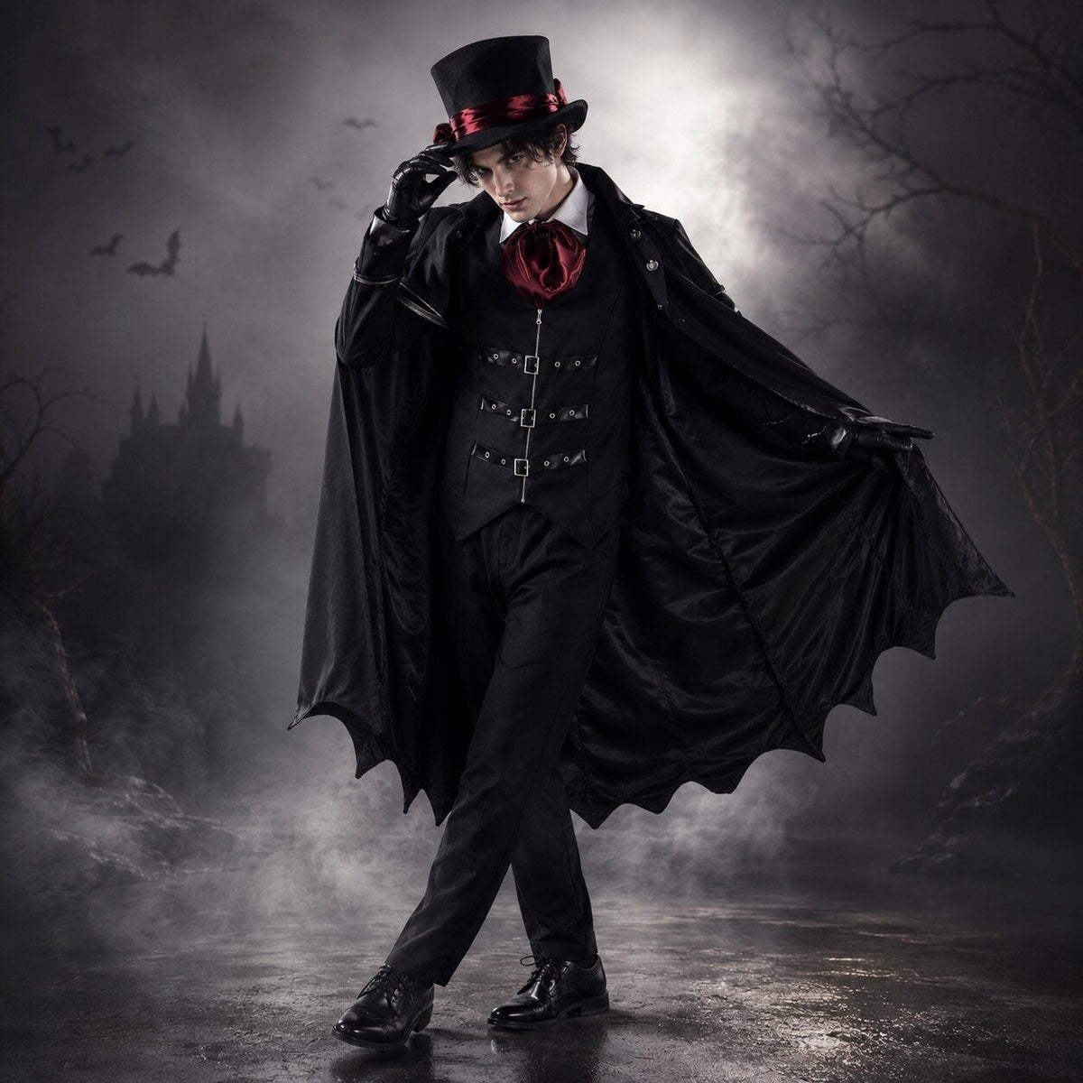 Man in the vampire costume on a misty night