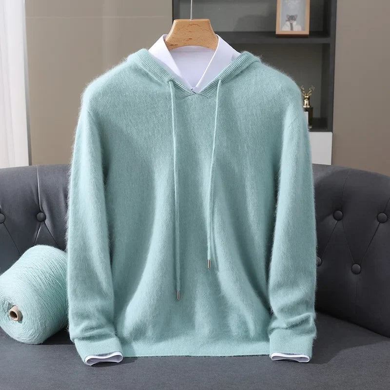Men's lightweight knit hoodie in mint, on a hanger, front view