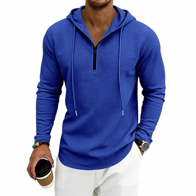 Men's textured quarter-zip hoodie in royal blue, worn, front view