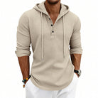 Men's waffle henley hoodie in beige, worn, front view