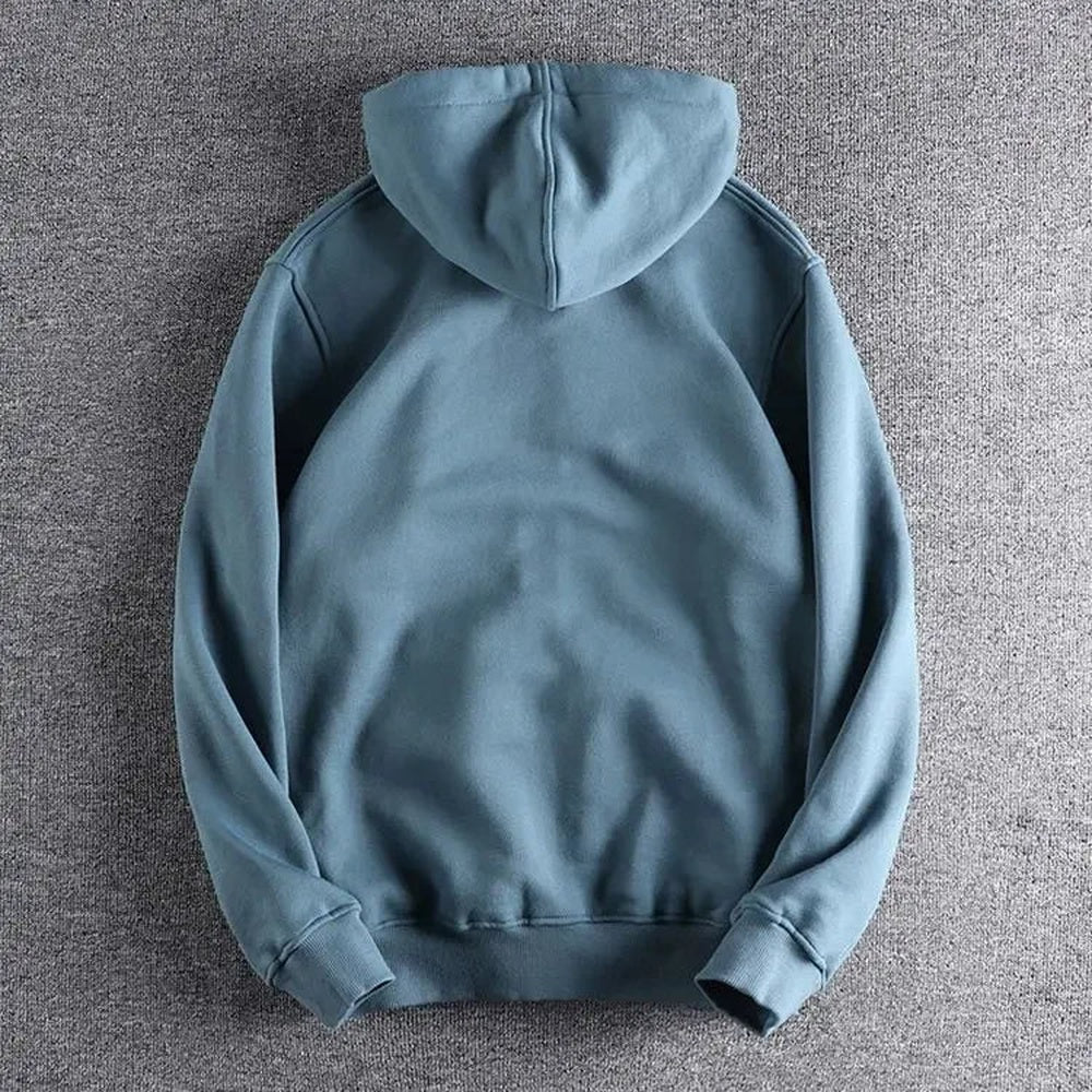 Back view of the dusty blue zip-up hoodie showing the hood and ribbed hem | Chaps London
