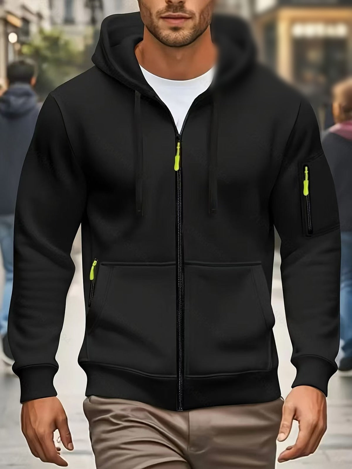 Men's full-zip hoodie with a sleeve pocket in black, worn, front view