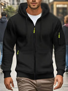 Men's full-zip hoodie with a sleeve pocket in black, worn, front view