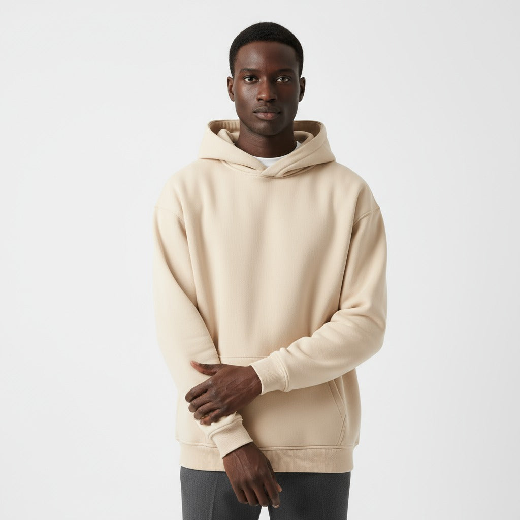 Men's heavyweight hoodie in beige, worn, front view