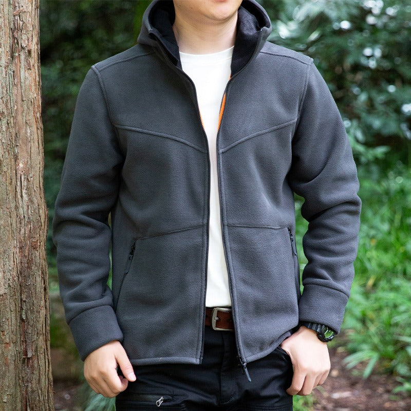Men's hooded fleece zip jacket in dark grey, worn, front view