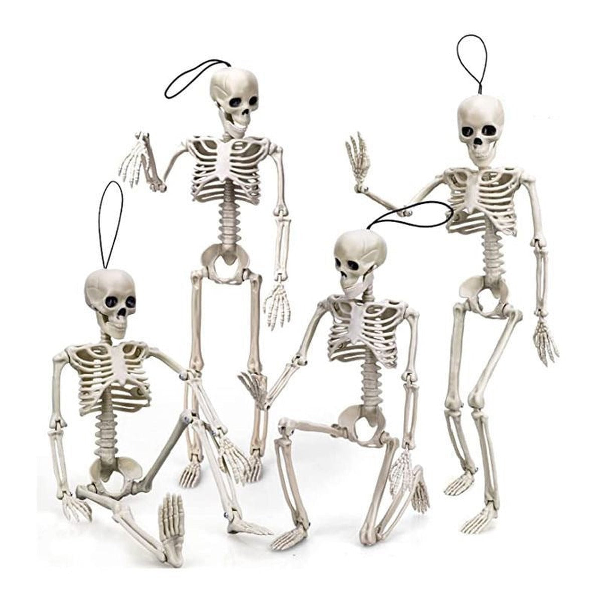 Four white plastic posable skeleton figures with hanging loops, displayed sitting and standing | Chaps London
