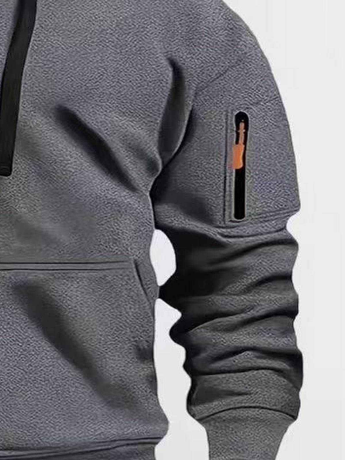 Men's full-zip hoodie with a sleeve pocket in dark grey, close-up of the zipped sleeve pocket