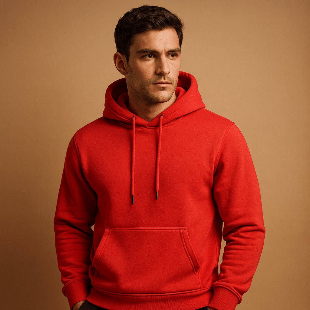Men's classic drawstring hoodie in red, worn, front view