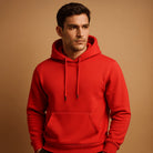 Men's classic drawstring hoodie in red, worn, front view