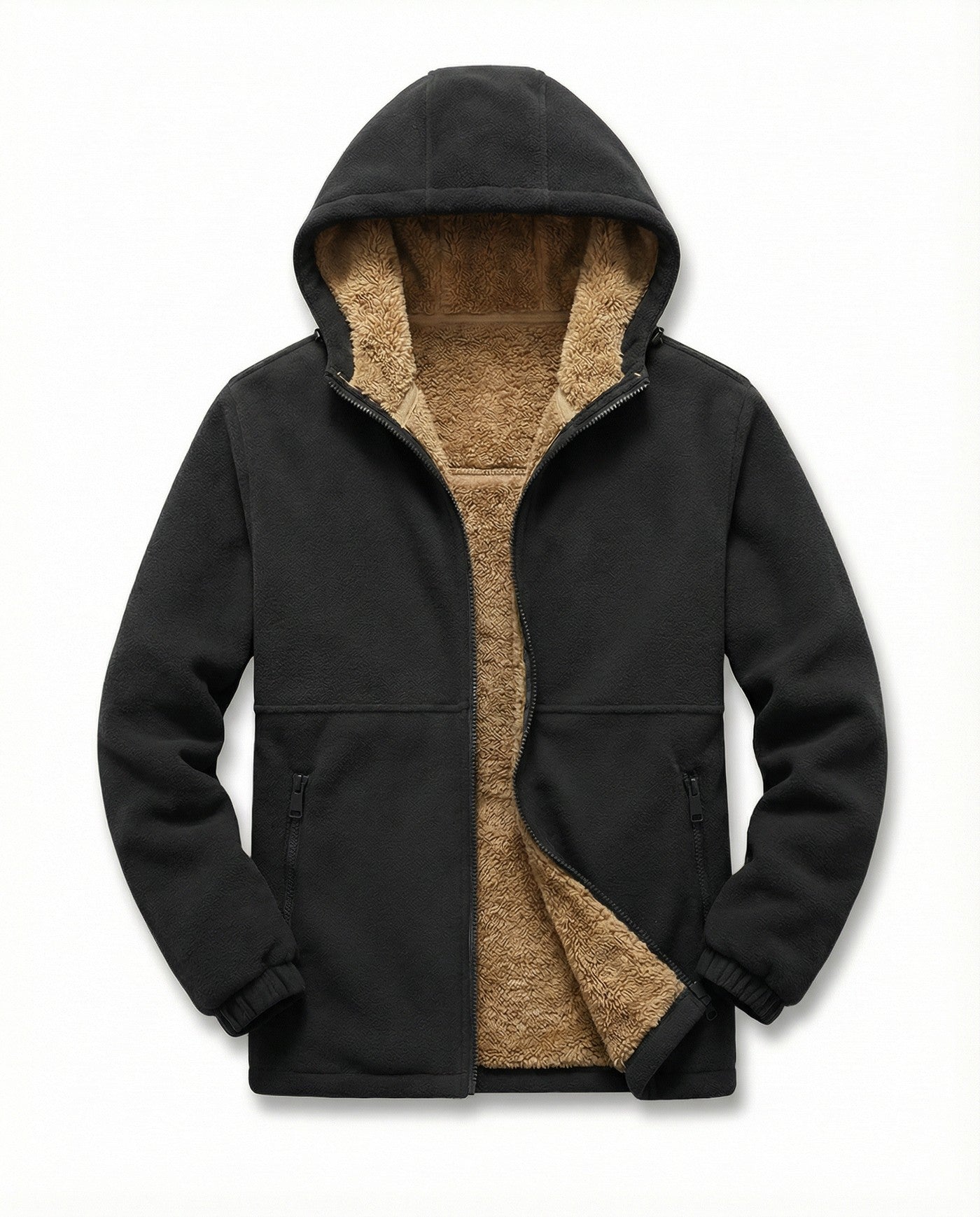Men's sherpa-lined zip-up fleece in black, front view