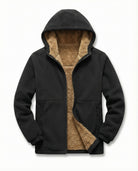Men's sherpa-lined zip-up fleece in black, front view
