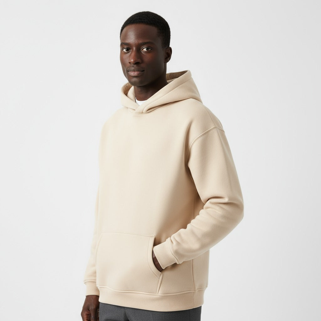 Men's heavyweight hoodie in beige, worn, front view
