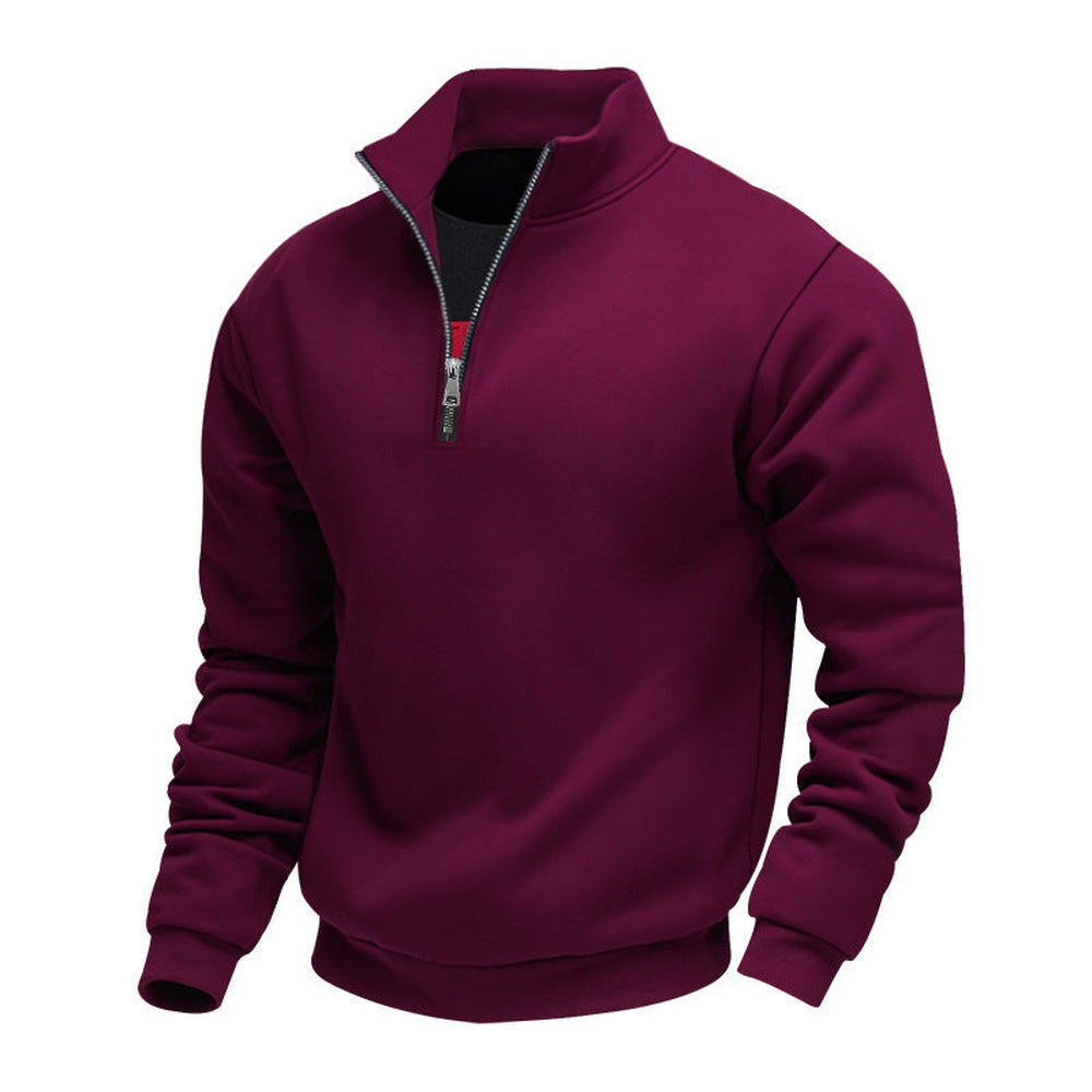 Wine red fleece-lined quarter zip jumper with a stand collar, product shot | Chaps London