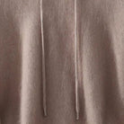Men's lightweight knit hoodie in taupe, close-up of the soft knit and the drawstring