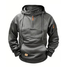 Grey half-zip hoodie with a short neck zip and a zipped sleeve pocket | Chaps London