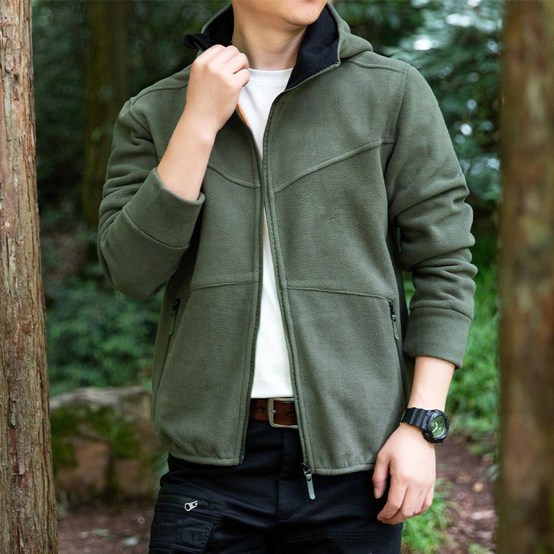 Men's hooded fleece zip jacket in sage green, worn, front view
