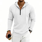 Men's textured quarter-zip hoodie in white, worn, front view