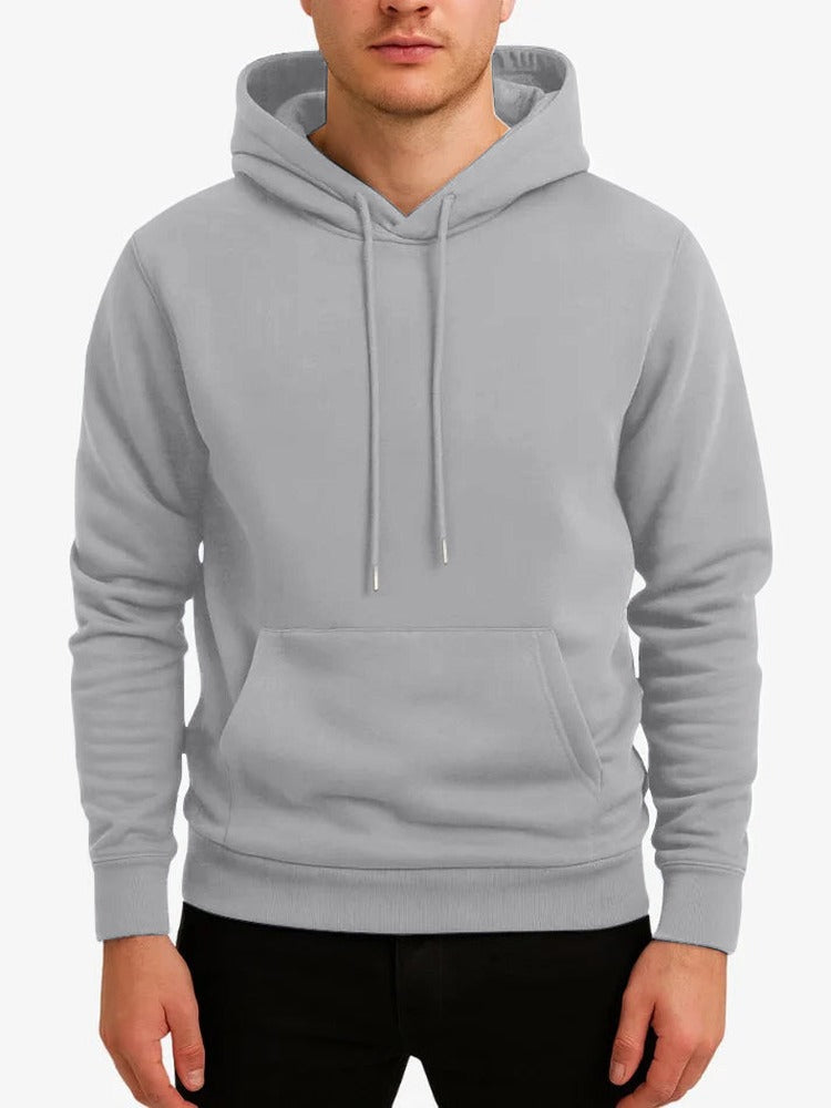 Men's soft-lined winter hoodie in grey, worn, front view