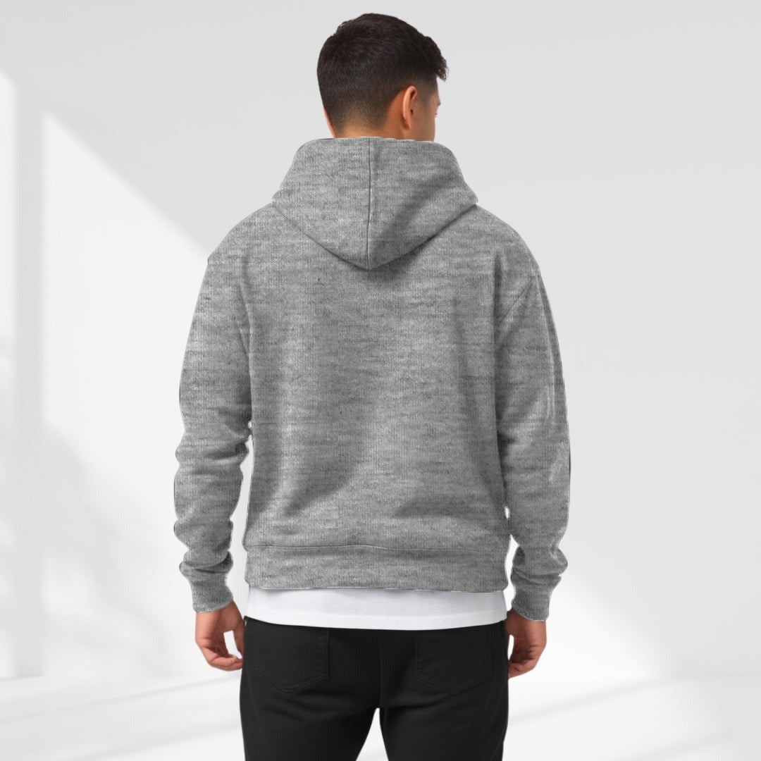 Men's oversized drop-shoulder hoodie in grey, worn, back view