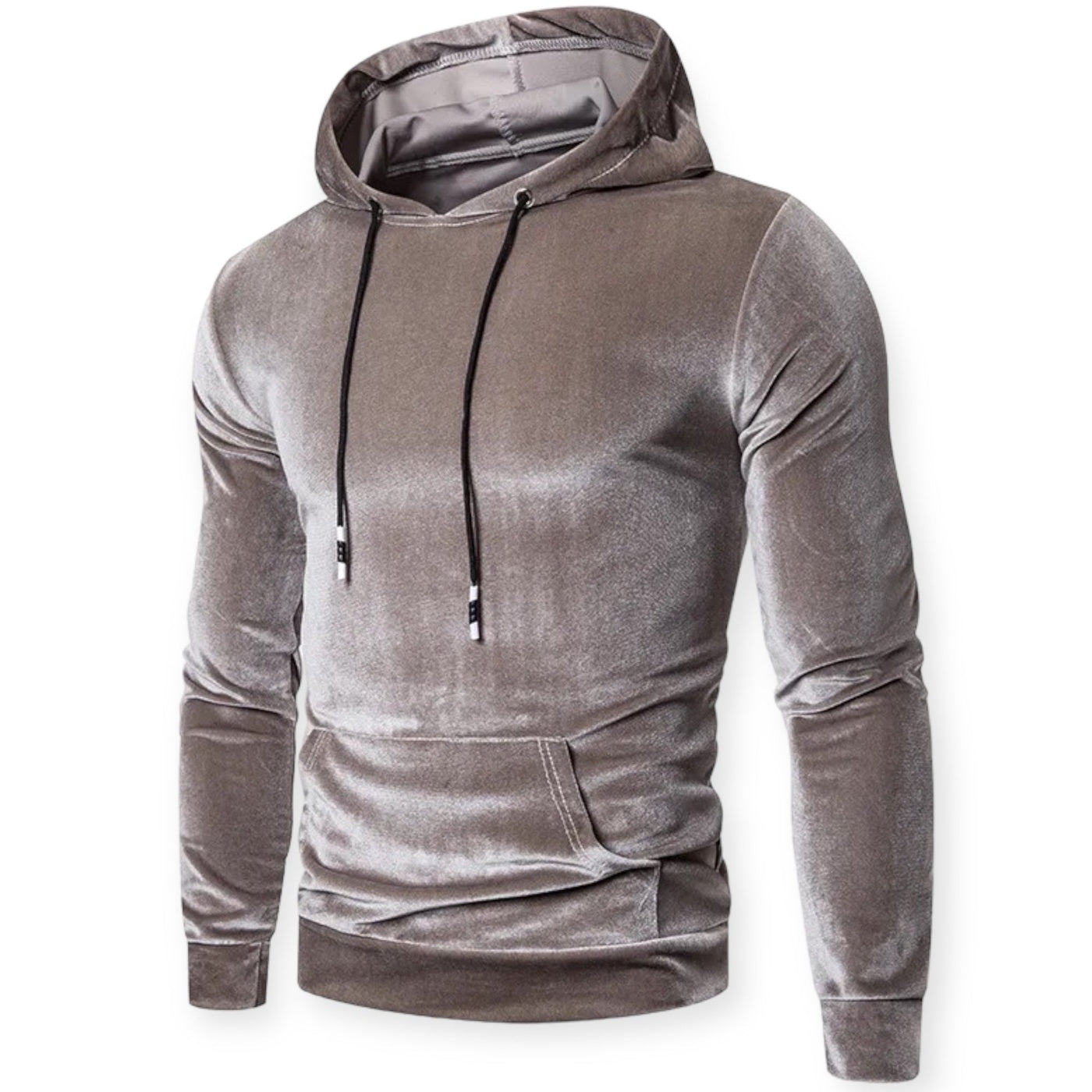 Men's velvet hoodie in grey, front view