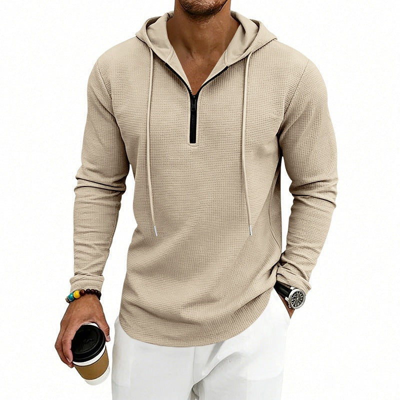 Men's textured quarter-zip hoodie in beige, worn, front view