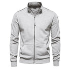 Light grey zip-up sweatshirt with dark sleeve stripes and two front pockets, shown on a white background | Chaps London
