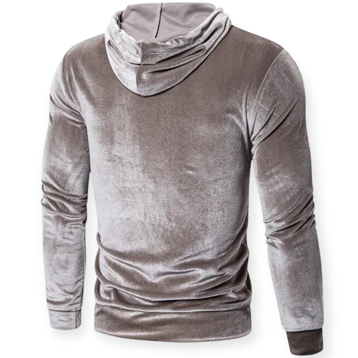 Men's velvet hoodie in grey, back view