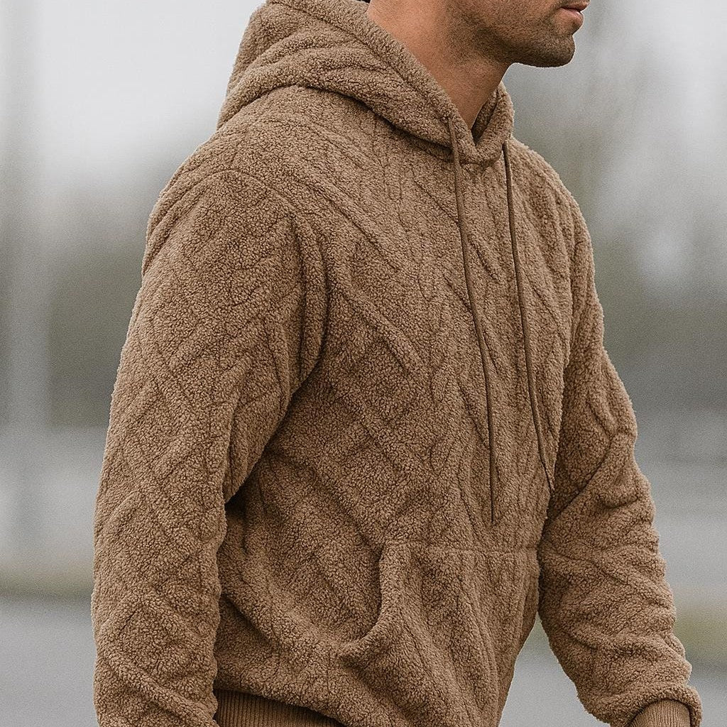 Men's quilted teddy fleece hoodie in brown, worn, side view
