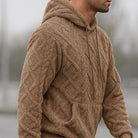 Men's quilted teddy fleece hoodie in brown, worn, side view