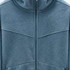 Men's hooded fleece zip jacket in blue, close-up of the fleece, the zip and the chest seams