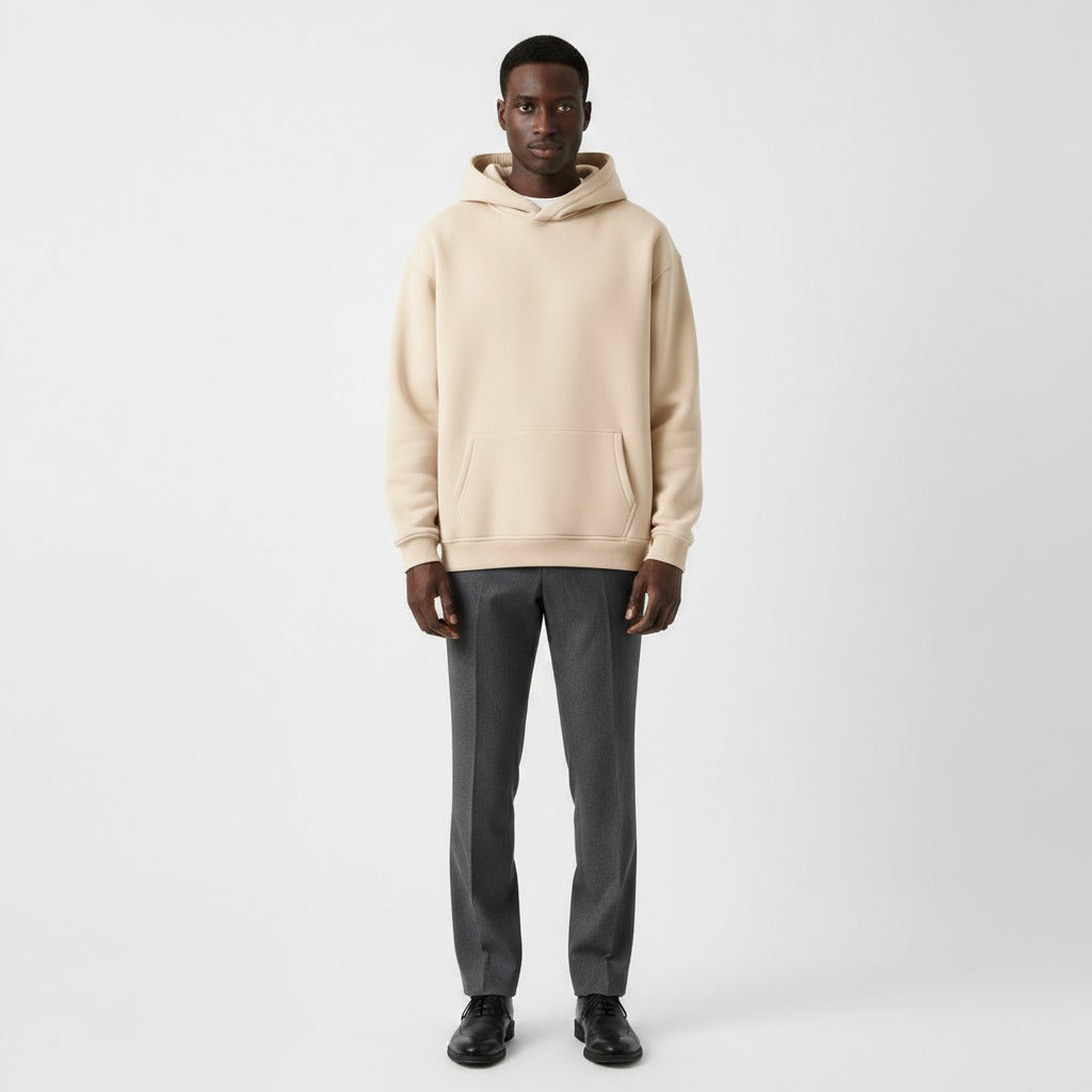 Men's heavyweight hoodie in beige, worn, front view