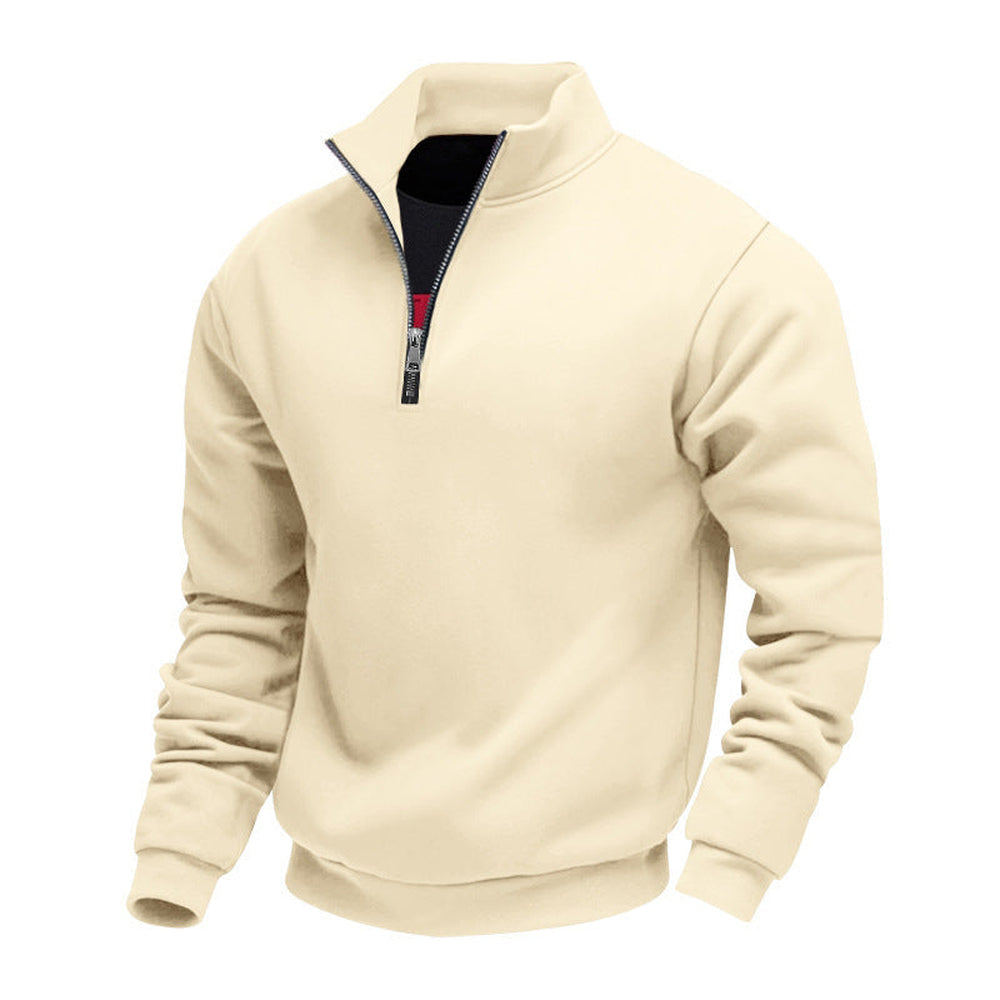 Cream fleece-lined quarter zip jumper with a ribbed hem, product shot | Chaps London