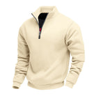 Cream fleece-lined quarter zip jumper with a ribbed hem, product shot | Chaps London