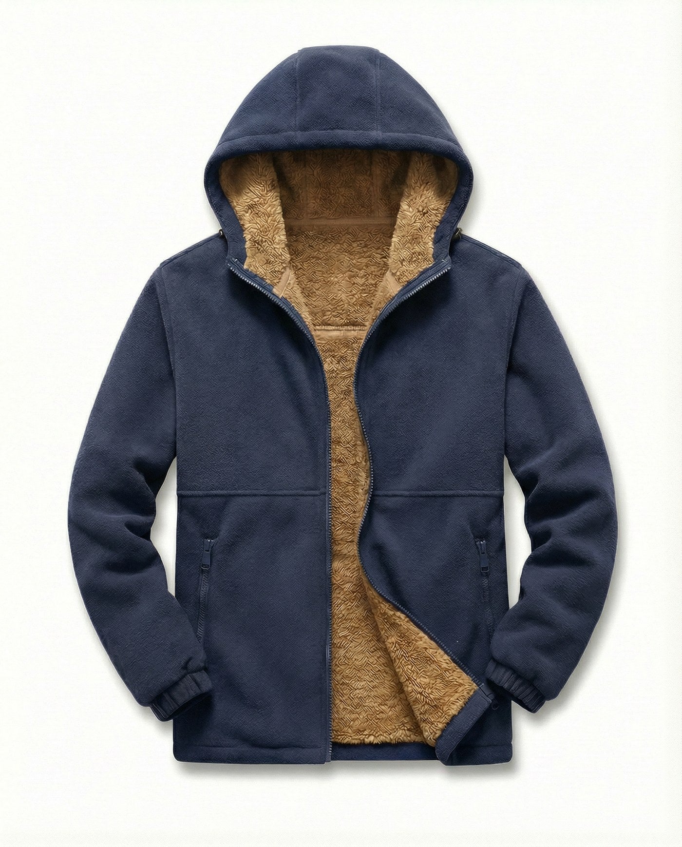 Men's sherpa-lined zip-up fleece in navy, front view