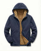 Men's sherpa-lined zip-up fleece in navy, front view