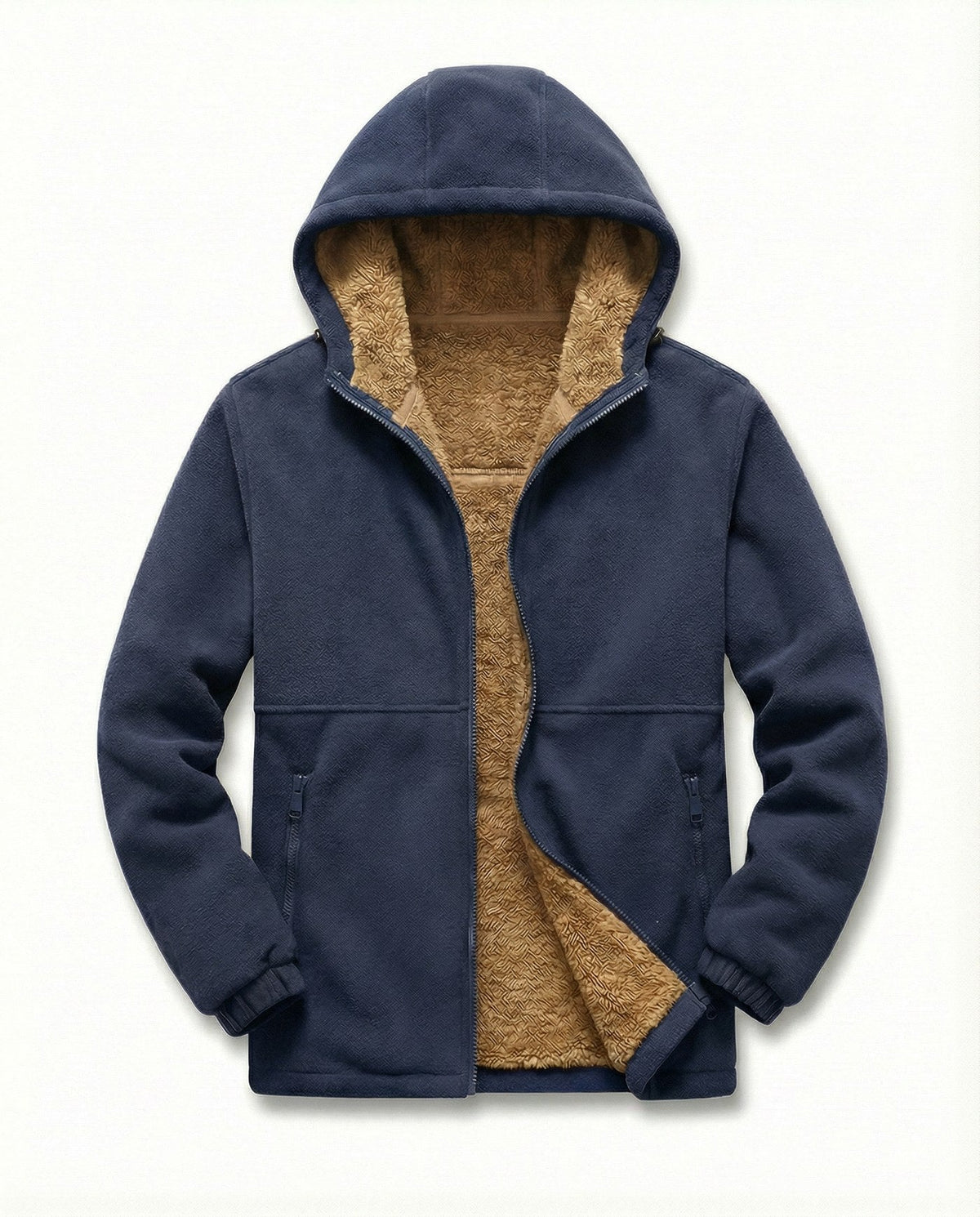 Men's sherpa-lined zip-up fleece in navy, front view