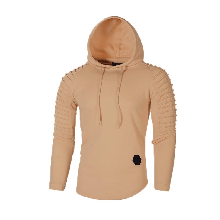 Men's slim-fit hoodie with ribbed sleeves in camel, front view