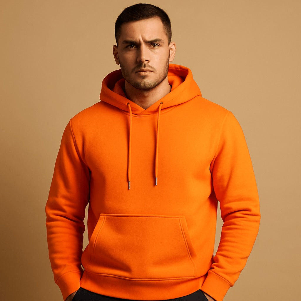 Men's classic drawstring hoodie in orange, worn, front view