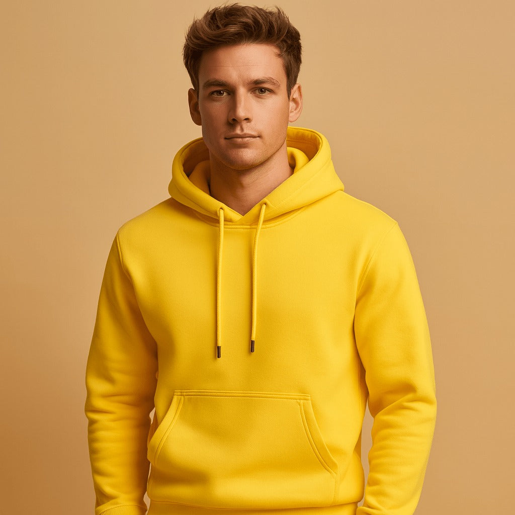 Men's classic drawstring hoodie in yellow, worn, front view