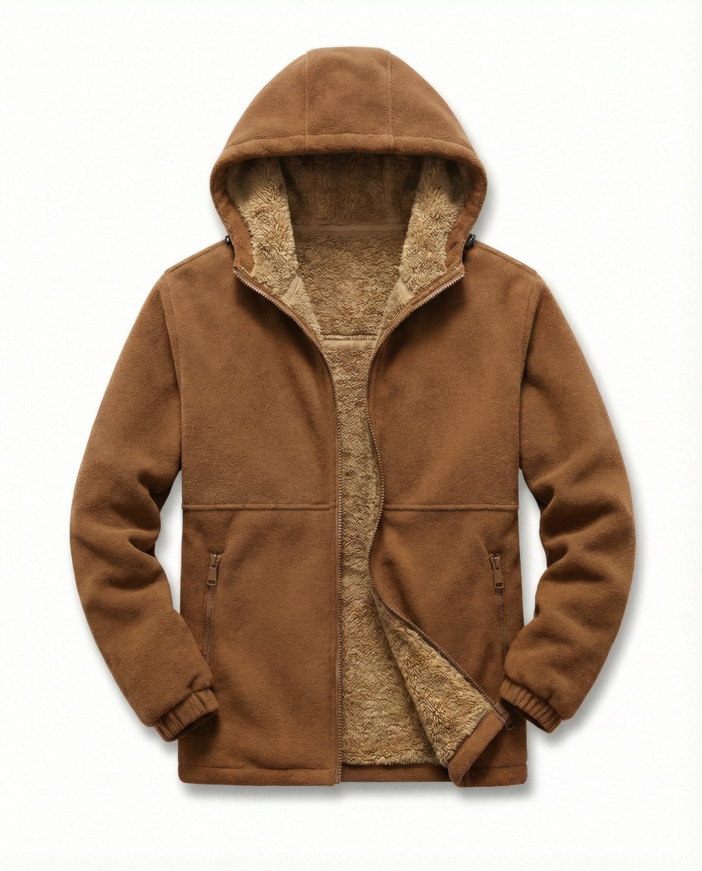 Men's sherpa-lined zip-up fleece in brown, front view