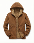 Men's sherpa-lined zip-up fleece in brown, front view
