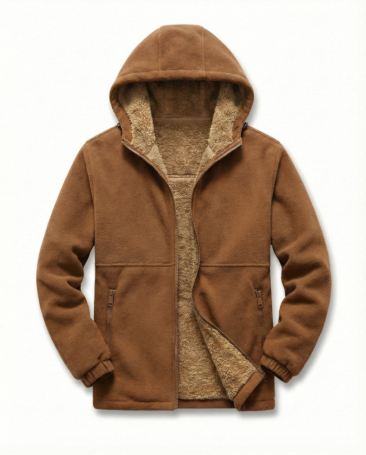 Men's sherpa-lined zip-up fleece in brown, front view
