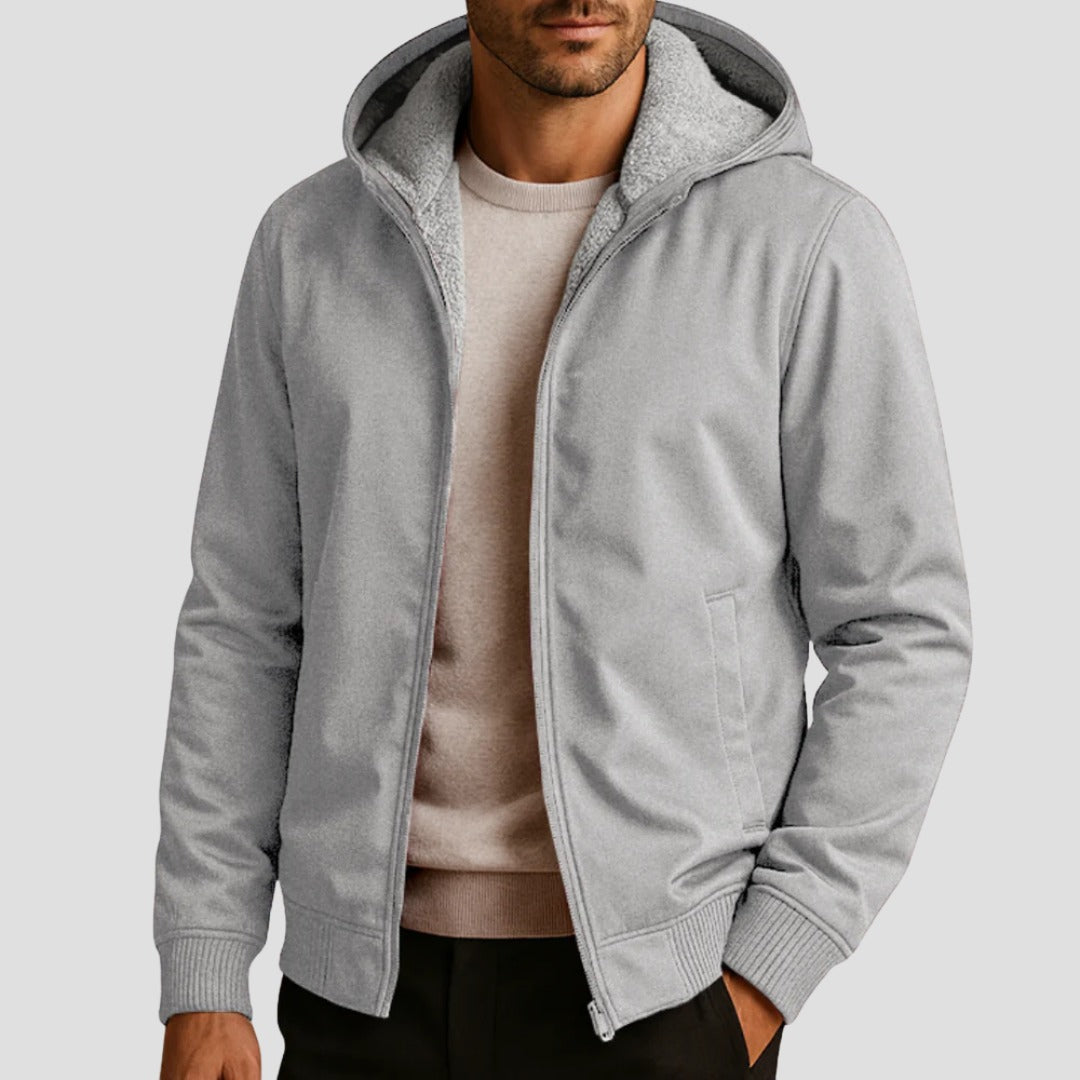 Men's sherpa-lined zip hoodie in light grey, worn, front view